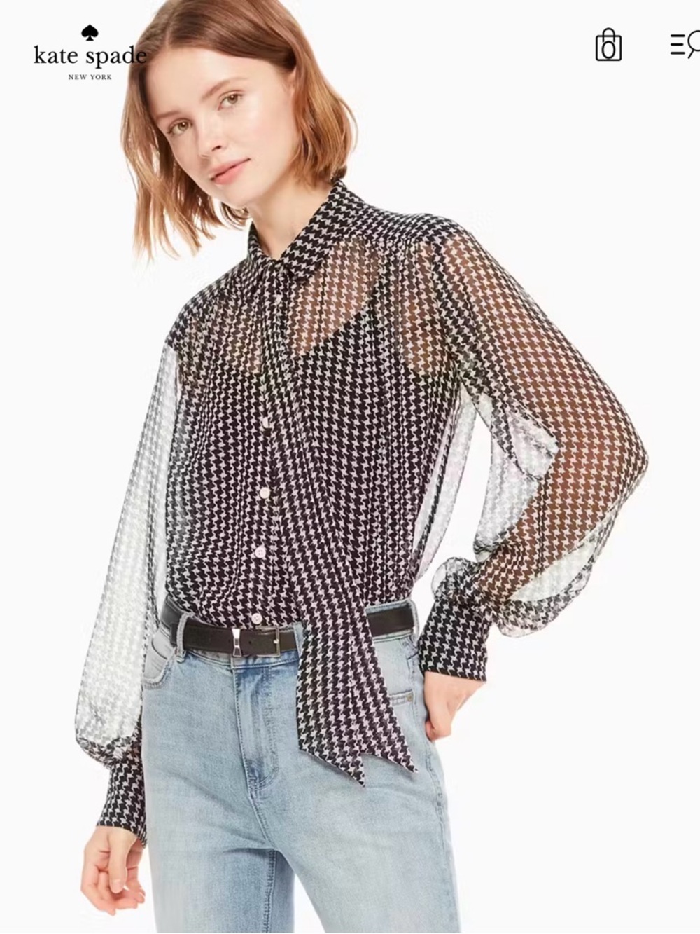 kate spade Black & White Sheer Houndstooth Button-Down Blouse